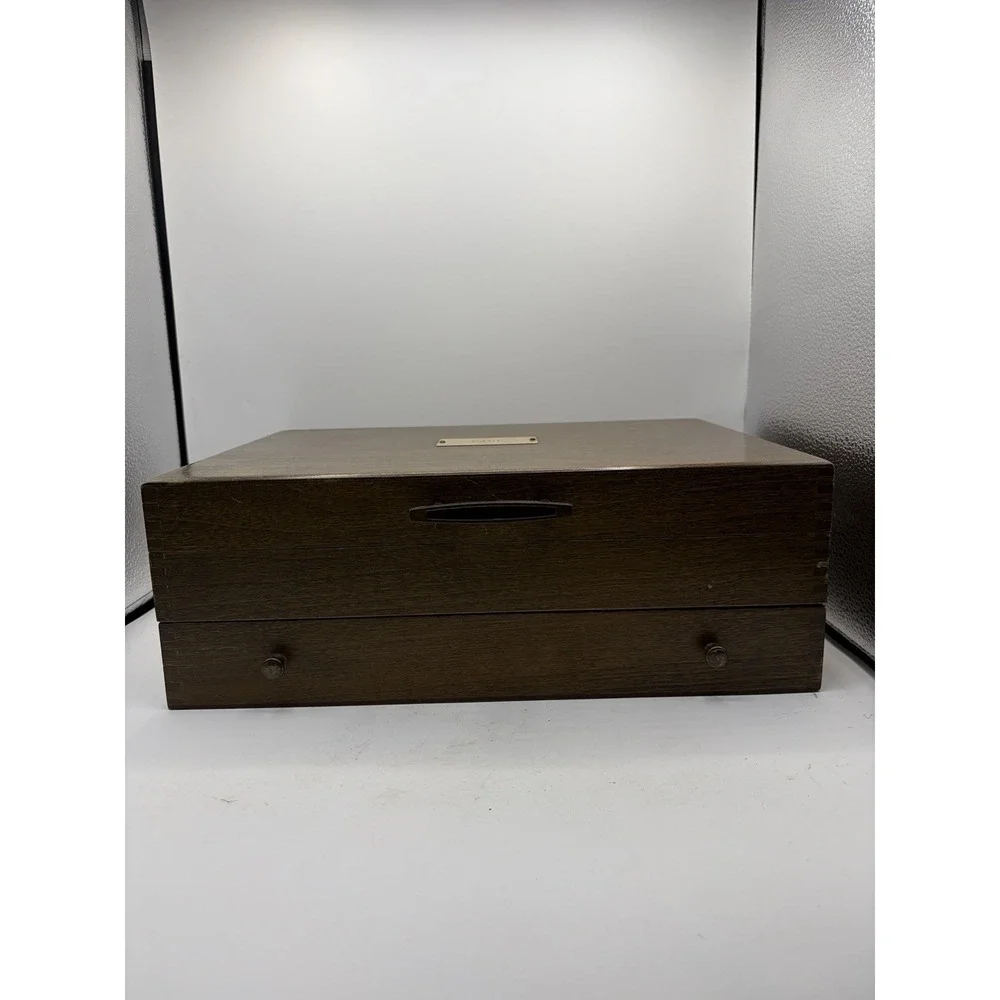 Vintage Wooden Flatware Silverware Storage Chest Box Red Lined Drawer